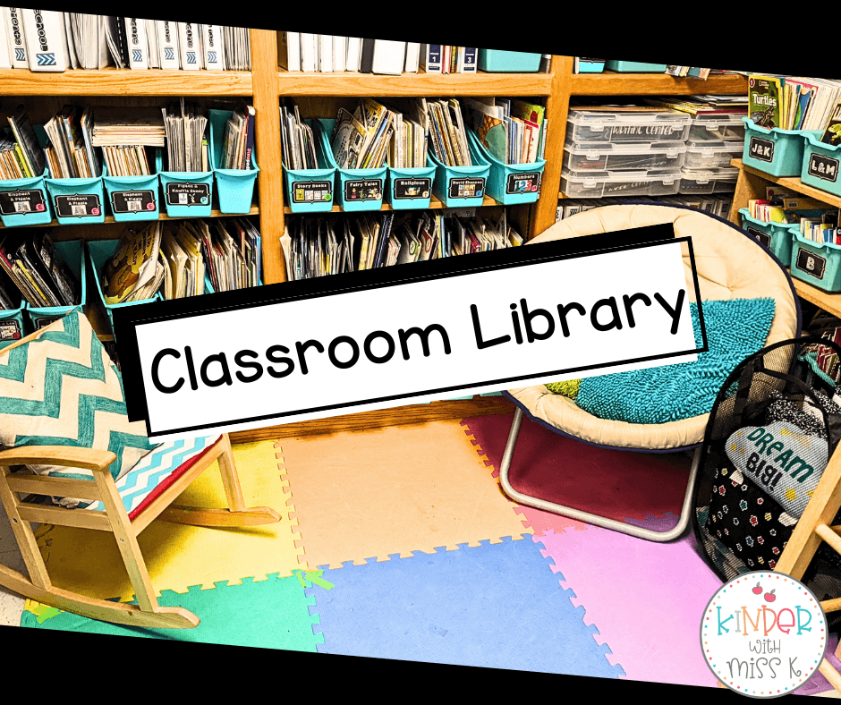 Classroom Set-Up and Organization: Classroom Library with labeled book bins and comfy seating.